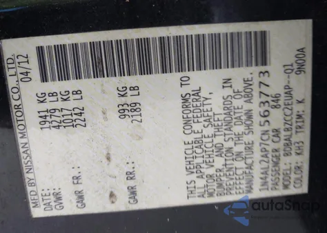 2012 Nissan Altima 2.5 S z USA, uszkodzony, nr VIN 1N4AL2AP7CN563773